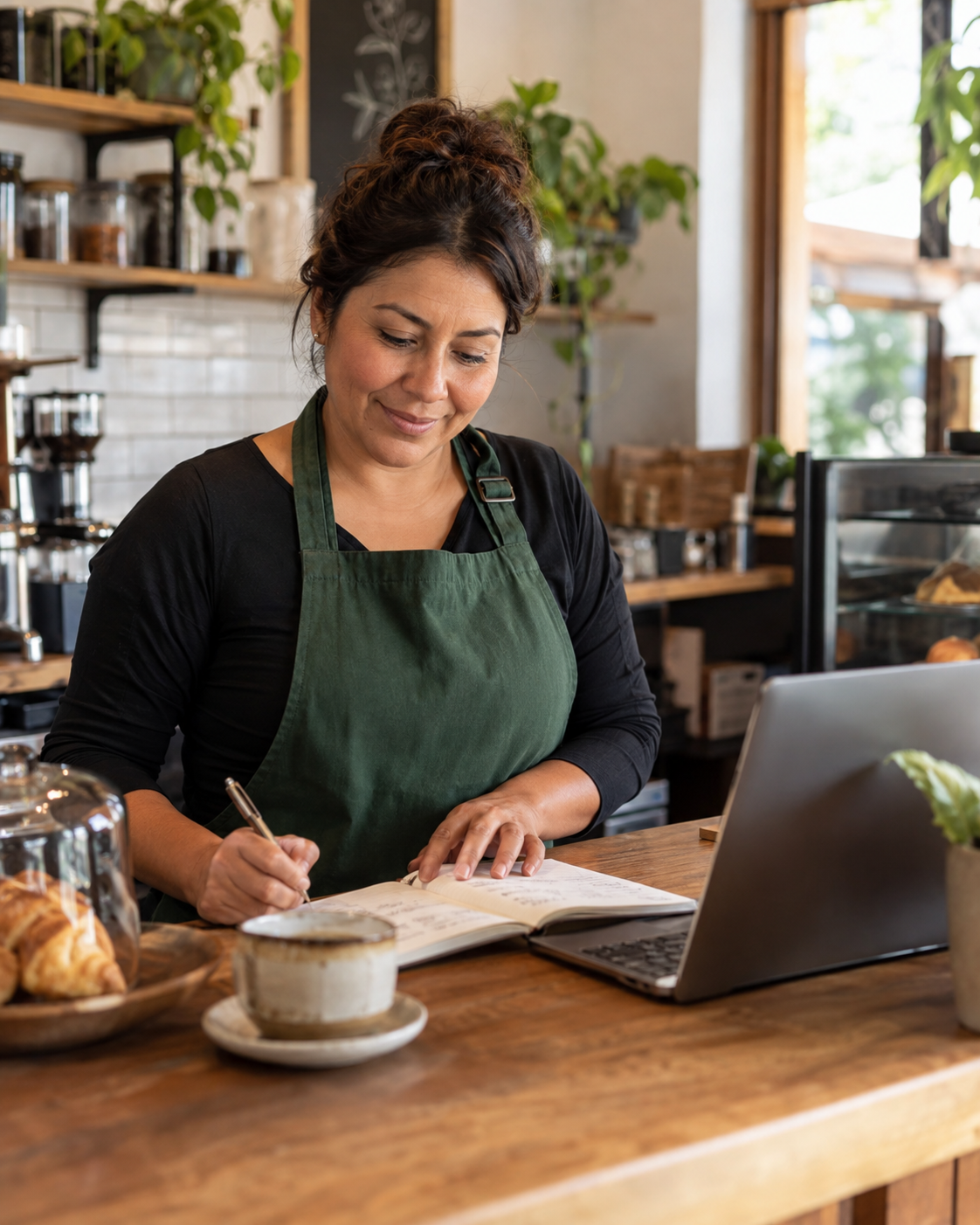 Imagen ilustrativa de una emprendedora revisando la gestión de su cafetería